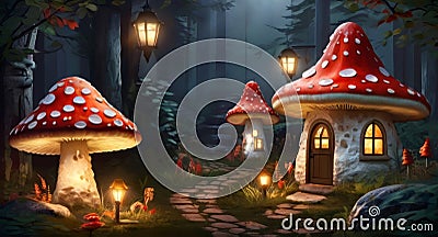 Enchanting mushroom houses with glowing windows in a twilight forest. Fairytale Magical forest village. Huge fly agaric Stock Photo