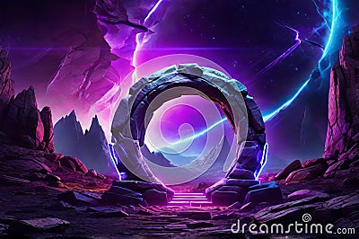 Enchanting Neon Fantasy Portal: Explore a Futuristic Holographic Wonderland with Mesmerizing Laser Lines. Stock Photo