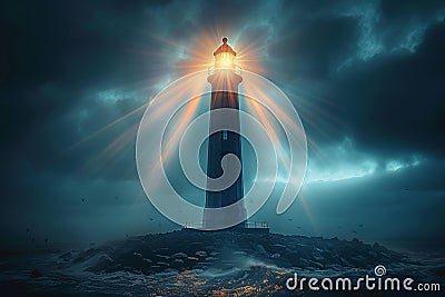 Enchanting night Mystical light beams from an ancient haunted lighthouse Stock Photo