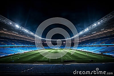 Enchanting night scene of an empty soccer stadium with mesmerizing illuminated professional field Stock Photo