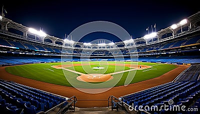 Enchanting night scene of an illuminated baseball stadium with empty stands and a radiant diamond. Stock Photo