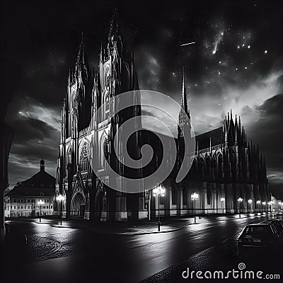 Enchanting night-time view of St. Vitus Cathedral, an iconic landmark in Prague. Stock Photo