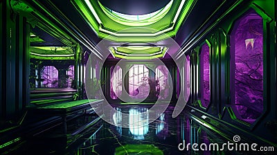 Futuristic Interior: Shimmering Walls in Chartreuse Green and Violet Purple with 8K HD Wallpaper Stock Photo