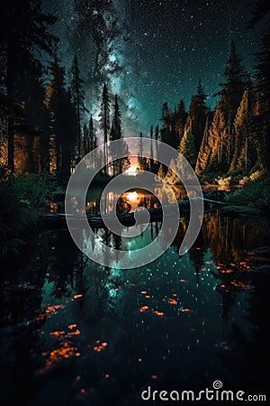 Enchanting Nighttime Reflections on a Lake. Perfect for Wallpapers. Stock Photo