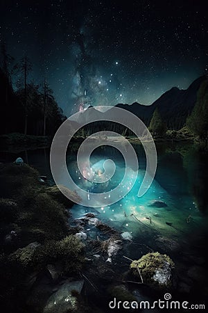 Enchanting Nighttime Reflections on a Lake. Perfect for Wallpapers. Stock Photo