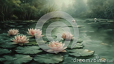 Enchanting Oasis: A Serene Pond Filled with Pink Lotuses, Green Stock Photo