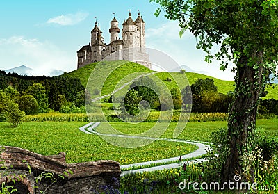 Enchanting old fairytale castle on a top of a hill Stock Photo