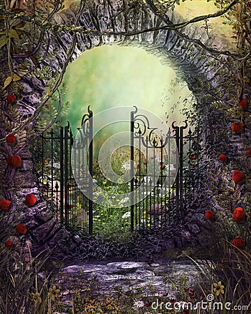 Enchanting Old Garden Gate with Ivy and Flowers Cartoon Illustration