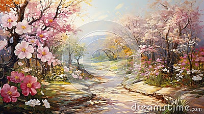 Enchanting Pastel Garden with trees and flowers around path Stock Photo