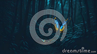 Glowing Flutter, A Butterfly in the Dark Forest - Generative AI Stock Photo