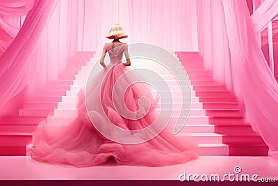 Enchanting Pink Dress Doll Parade: A Whimsical Showcase of Fashion and Fun. Generative AI Stock Photo