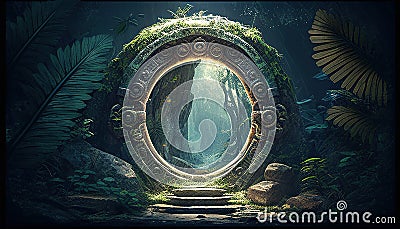 Enchanting portal hidden in lush tropical forest, beckoning to adventure Stock Photo