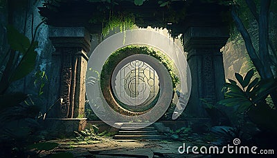 Enchanting portal hidden in lush tropical forest, beckoning to adventure Stock Photo