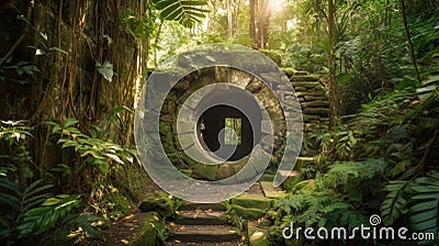 Enchanting Portal in Lush Tropical Forest A Gateway to Adventure. Stock Photo