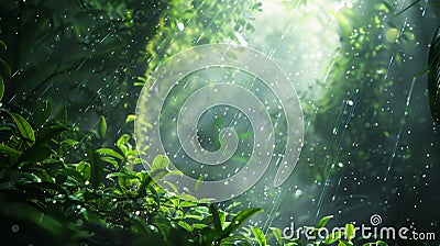 Enchanting rainforest wildlife mossy trees, crawling vines, tropical birds, sunlight, dew drops Stock Photo