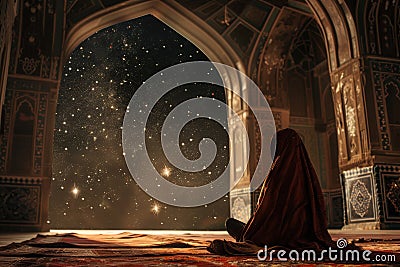 Enchanting Ramadan Nights A Lone Worshipper Under a Star-Filled Sky in a Majestic Mosque Stock Photo