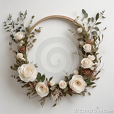 Enchanting Round Wedding Flower Wreath with Leaves and Twigs on a Pure White Background Timeless Elegance and Natural Beauty Stock Photo