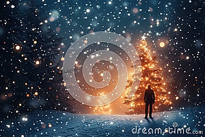 Enchanting scene Christmas silhouette against a snowy, magical winter night Stock Photo