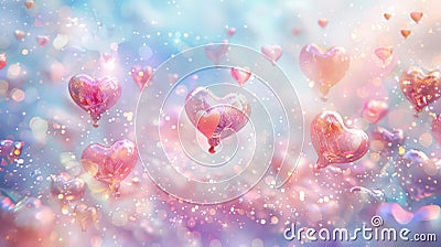 An enchanting scene of jubilation, hearts floating amidst a cascade of soft, pastel colors Stock Photo