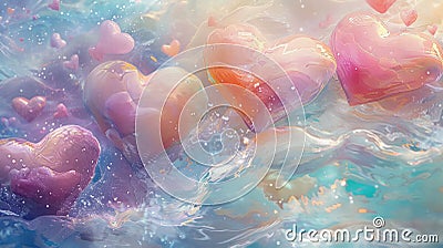 An enchanting scene of jubilation, hearts floating amidst a cascade of soft, pastel colors Stock Photo