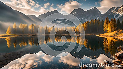 Nature's Canvas: Captivating Reflection of Pine Trees and Sky, Generative AI. Stock Photo