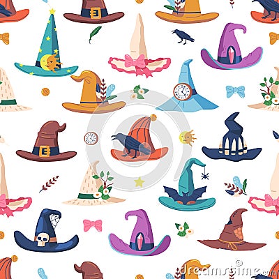 Enchanting Seamless Pattern Featuring Whimsical Magic Hats In A Whimsical Arrangement, Creating An Enchanting Design Vector Illustration