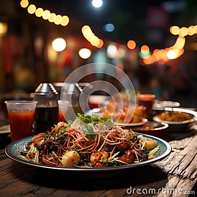 At a traditional night bazaar in Ayutthaya, The bazaar is illuminated with colorful lanterns and traditional Thai decorations Stock Photo