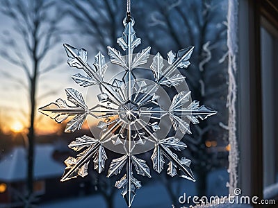 Enchanting Snowflake Clings Adorn the Windowpane.AI Generated Stock Photo