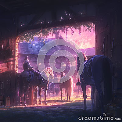 Enchanting Stables at Dawn - Medieval Equestrian Setting Stock Photo