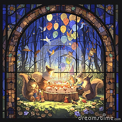 Enchanting Stained Glass Squirrel Birthday Celebration Cartoon Illustration