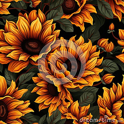 Enchanting sunflower pattern with vibrant colors and harmoniously balanced composition. Stock Photo