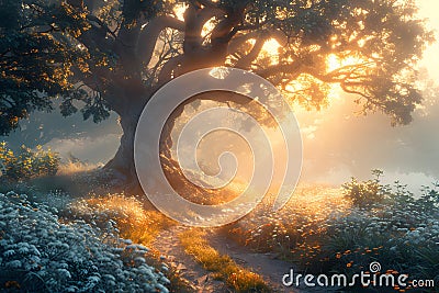 Enchanting Sunrise Through the Misty Forest Path with Majestic Tree Generative AI Stock Photo