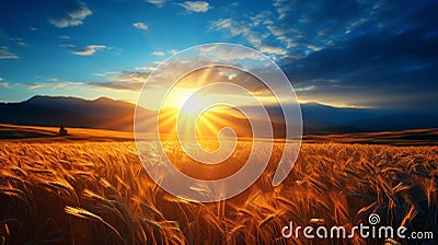 Enchanting sunrise over serene countryside with vibrant wheat fields and fluffy clouds Stock Photo