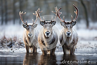 Enchanting symmetry as three reindeer gather by a frozen pond, christmas background, AI Generated Stock Photo