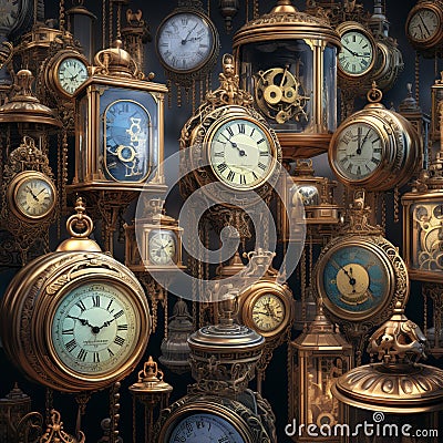 Enchanting Time-Travel Experience with Vintage Clocks Cartoon Illustration