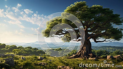 Enchanting Tree On Sunlit Hill: Epic Fantasy Vray Tracing Uhd Image Stock Photo