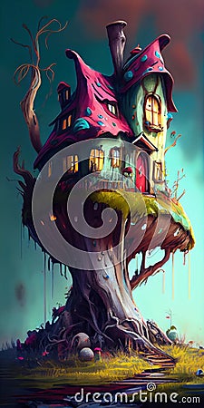 Enchanting Treehouse: A Colorful and Magical Illustration Cartoon Illustration