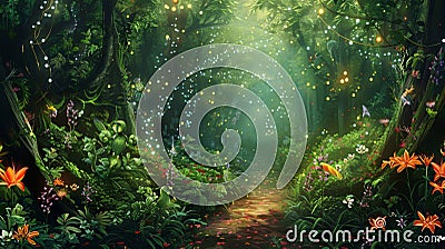 Enchanting Twilight in a Lush Magical Forest with Fireflies Stock Photo