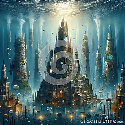 Enchanting underwater cityscape, blend of architecture Stock Photo