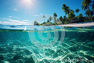 Enchanting underwater and overwater view of sea life and sandy beach on a sunny summer day Stock Photo