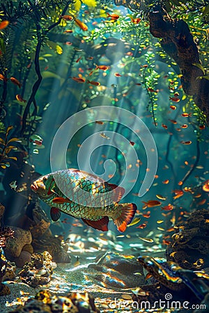 Enchanting Underwater Scene with Colorful Fish and Sunbeams Piercing Aquatic Forest Stock Photo