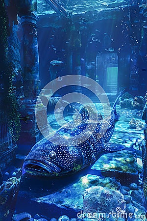 Enchanting Underwater Scene with Glowing Blue Whale Shark Amidst Sunken Ruins Stock Photo