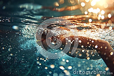 Underwater shot of a young woman swimming in the pool with goggles at sunset Stock Photo