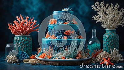 Enchanting Underwater Wonderland Cake: Tiers Adorned in Shimmering Blue Fondant Stock Photo