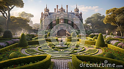 Enchanting Victorian Mansion: A Garden of Regal Splendor. Fantasy Woodland Estate. Generative AI Stock Photo