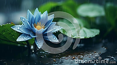 Enchanting water lily in rain, serene natural backdrop with space for personalized text Stock Photo