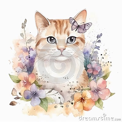 Enchanting Watercolor Illustration: Adorable Cat Surrounded by Blooms Floral Generative AI Stock Photo
