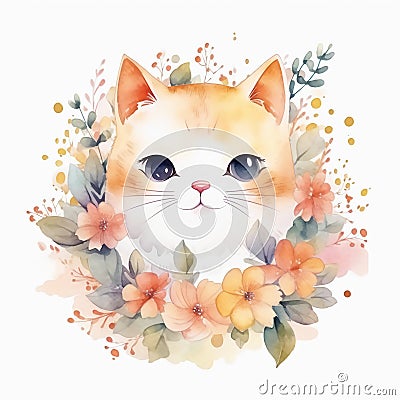 Enchanting Watercolor Illustration: Adorable Cat Surrounded by Blooms Floral Generative AI Stock Photo