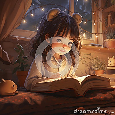 Drawing of a small reading girl, sitting in her room Cartoon Illustration