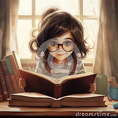 Drawing of a small reading girl, sitting in her room Cartoon Illustration